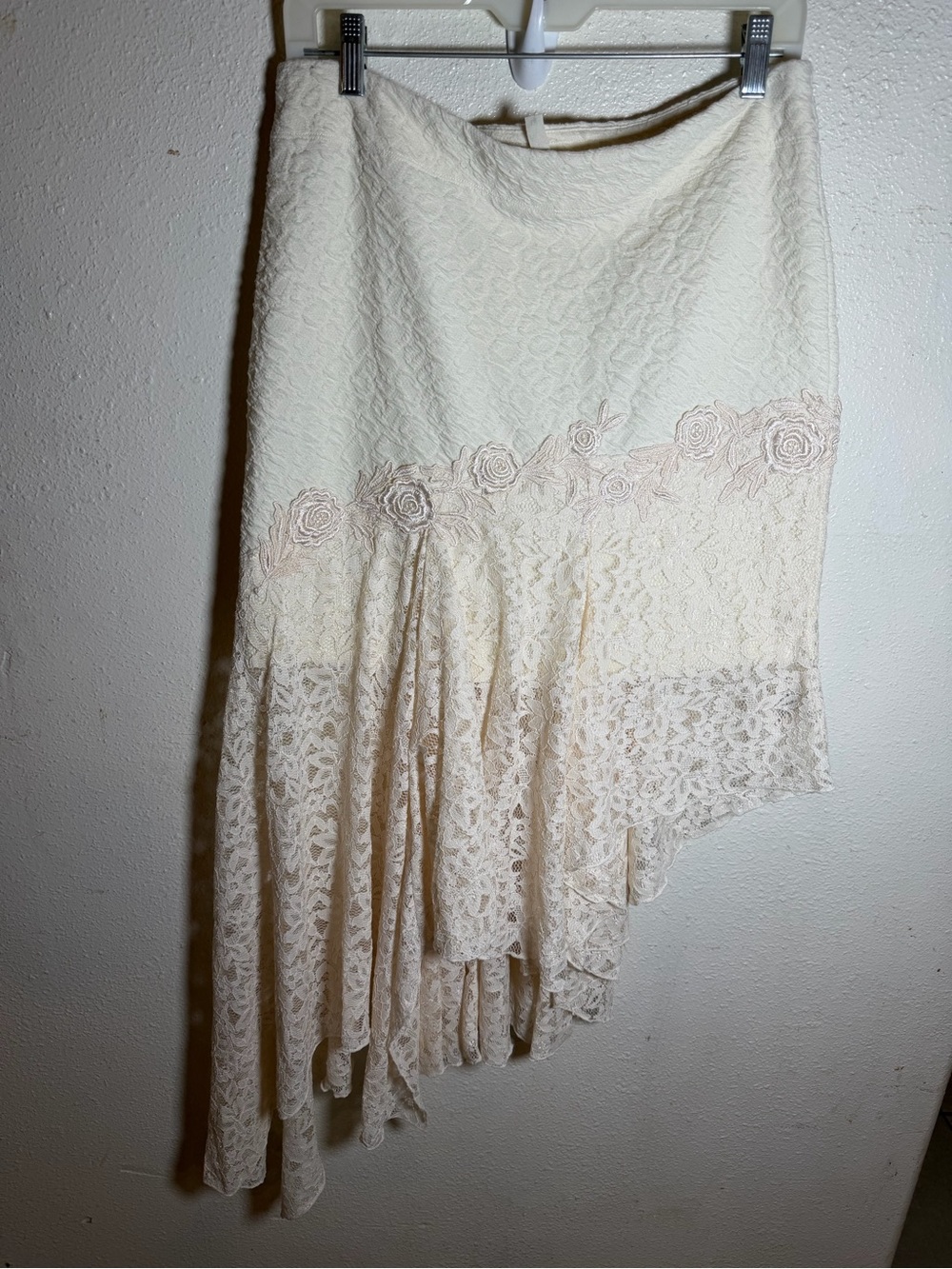 Free People Cream Lace Asymmetrical Skirt with Rose Trim